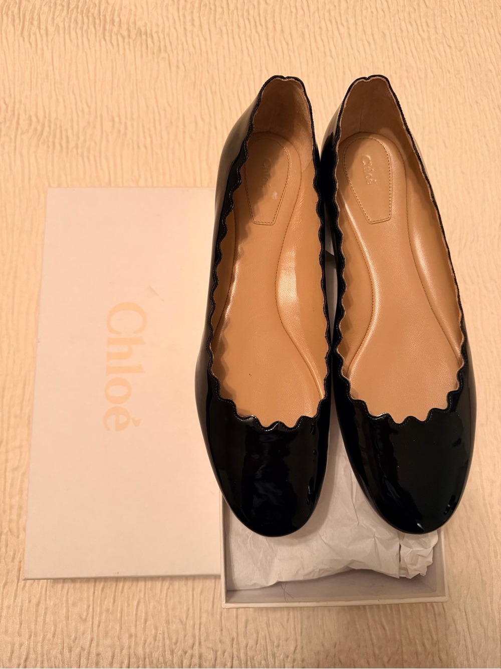 Chloe Black Patent Scalloped Toe Ballet Flats